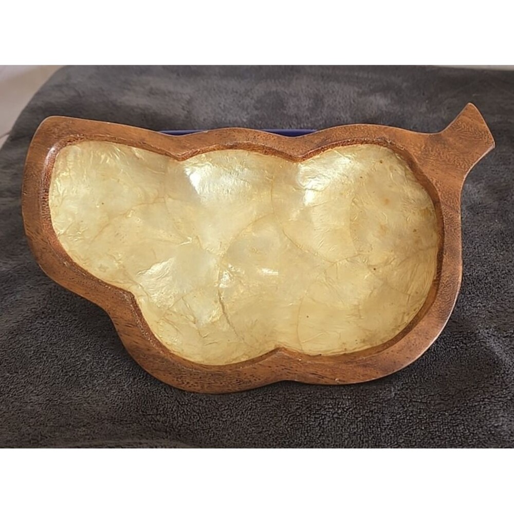 Capiz Shell Lined Wood Shell Dish Trinket Bowl 9.25" Pod Leaf Fall Autumn Decor